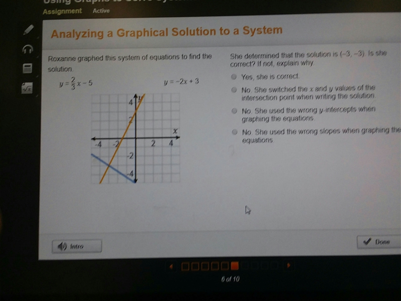 Roxanne graphed this system of equations to find the solution.-example-1