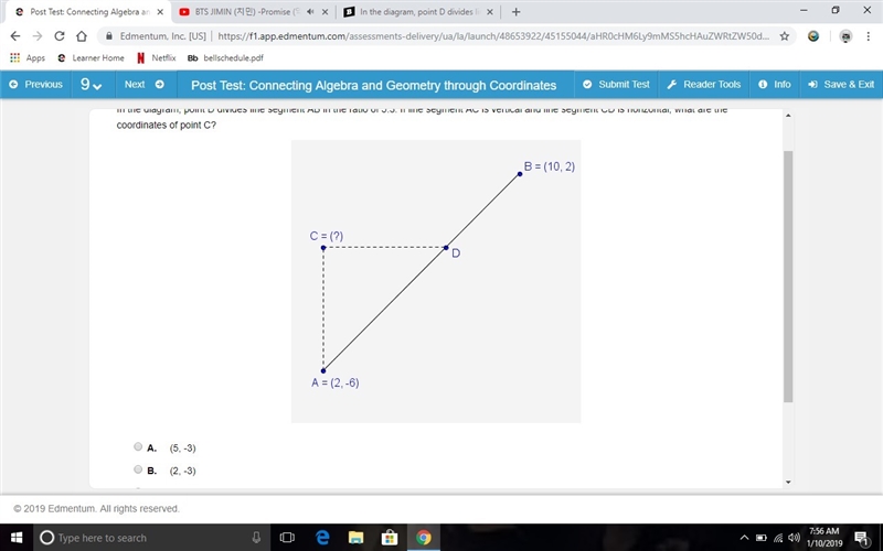 In the diagram, point D divides line segment AB in the ratio of 5:3. If line segment-example-1