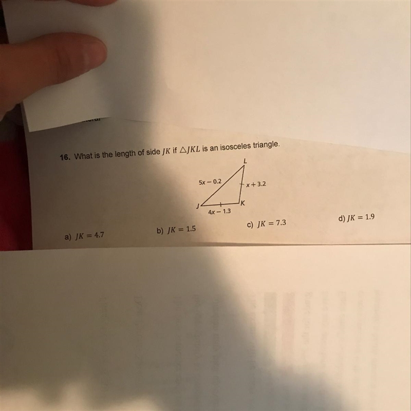 D) equilateral b) scalene C) isosceles 16. What is the length of side JK if AJKL is-example-1