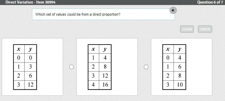 Which set of values could be from a direct proportion?-example-1