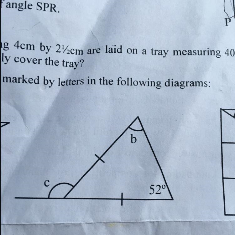 First angle in the triangle is 52 degrees Celsius and I need to find the outside and-example-1