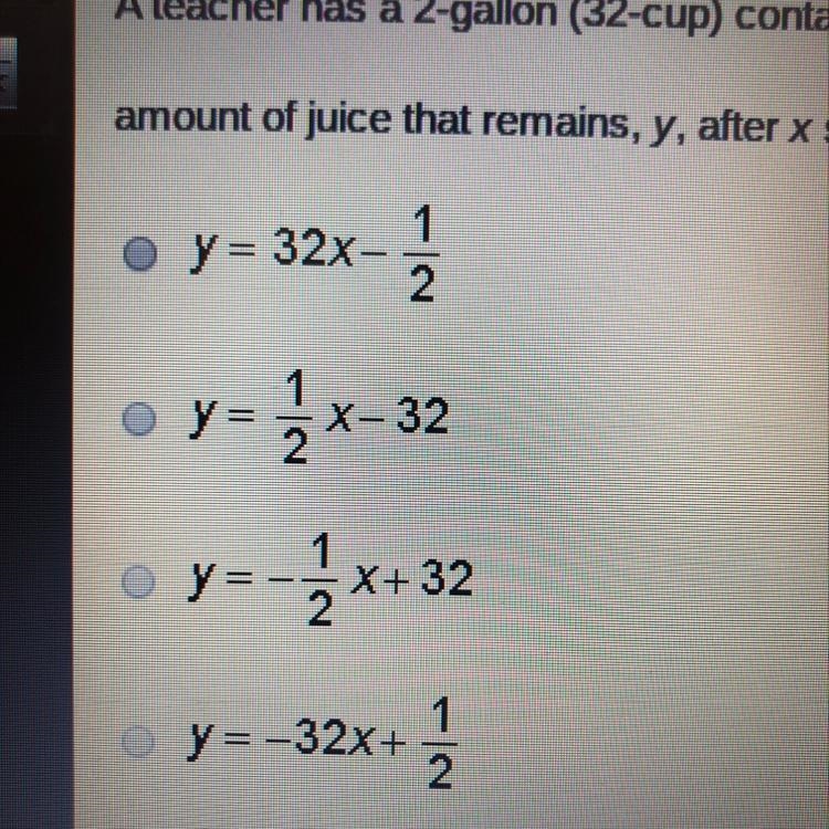 A teacher has a 2-gallon (32-cup) container of juice. She gives each student cup of-example-1