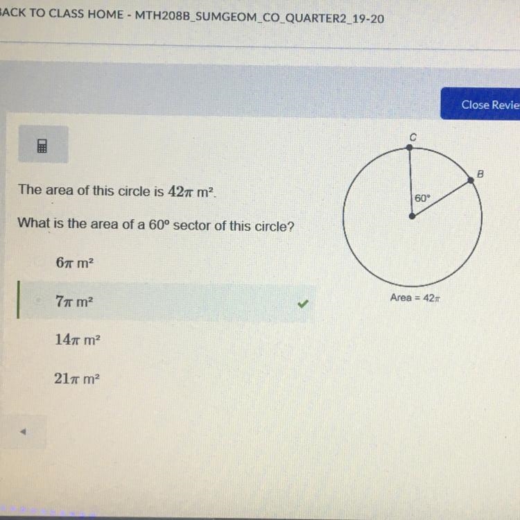 The area of this circle is 42 π m2. what is the area of a 60° sector of this circle-example-1