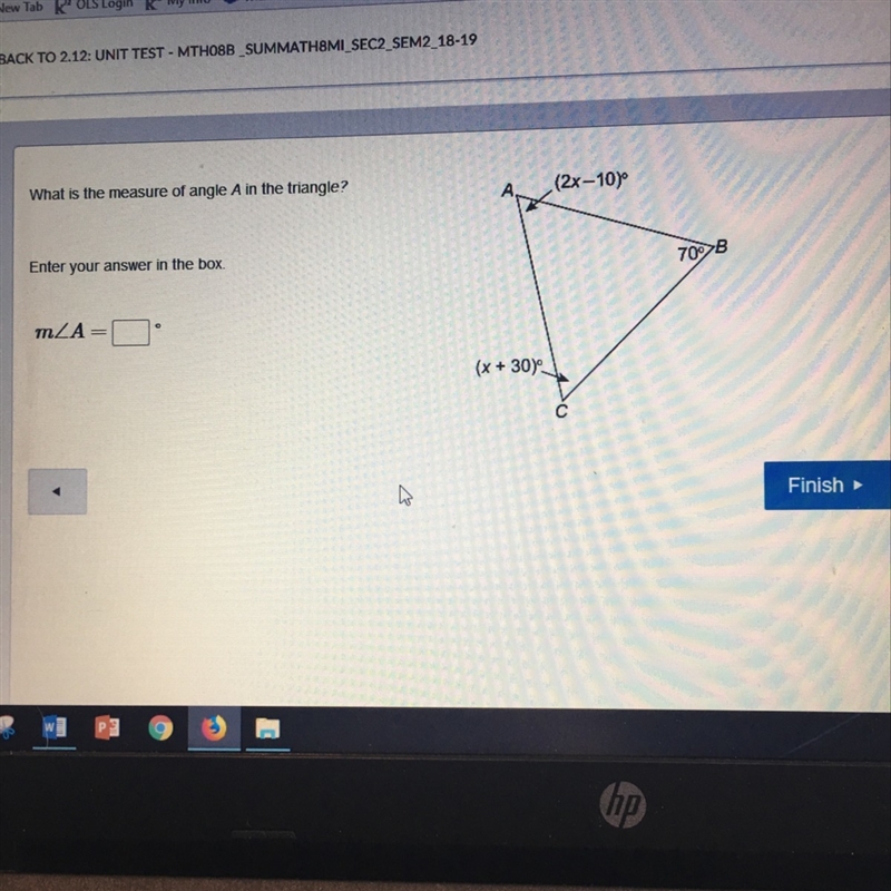 HELP ASAP: What is the measure of angle A in the triangle? Enter your answer in the-example-1