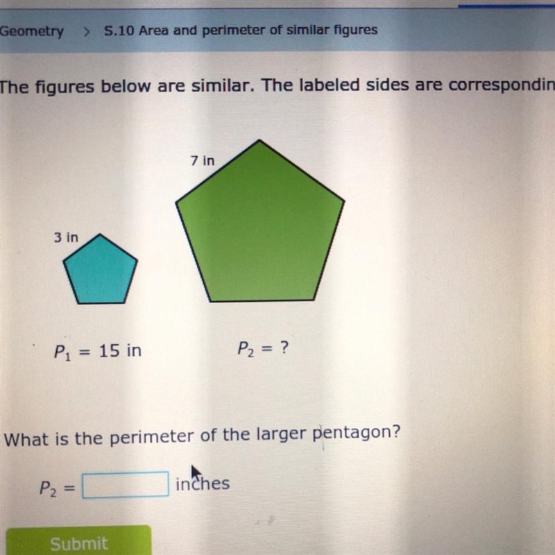 The figures below are similar the label size are corresponding. What is the perimeter-example-1