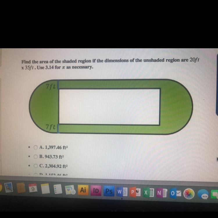 Find the area of the shaded region if the dimensions of the unshaded region are 20ft-example-1