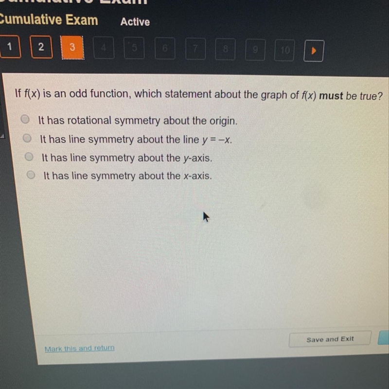 If f(x) is an odd function, which statement about the graph f(x) must be true?-example-1