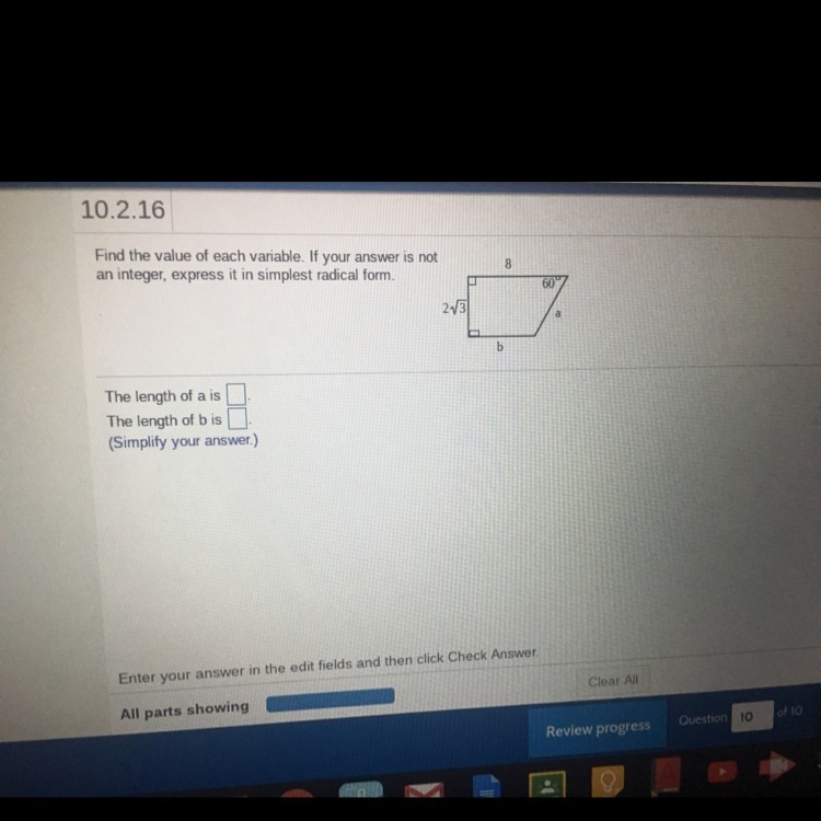 Please show me how you find x and determine what the length of a and b are Thank you-example-1