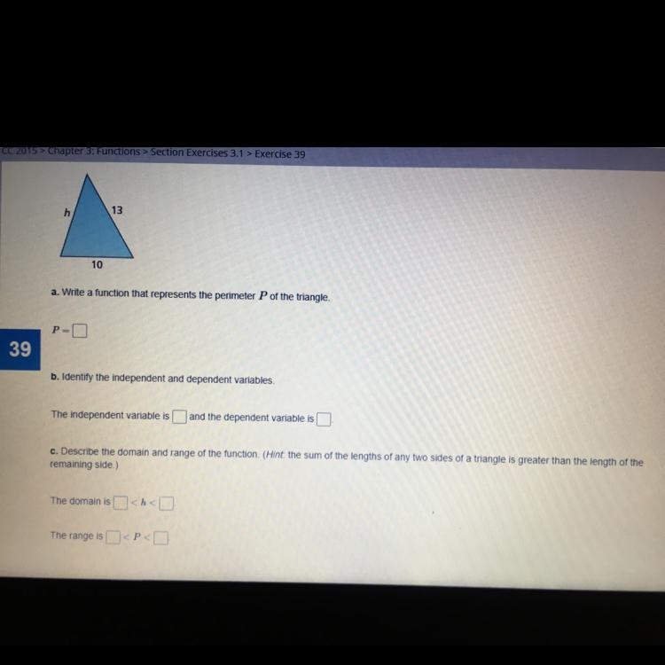 A. write a function that represents the perimeter P of the triangle. p=___ b. identify-example-1