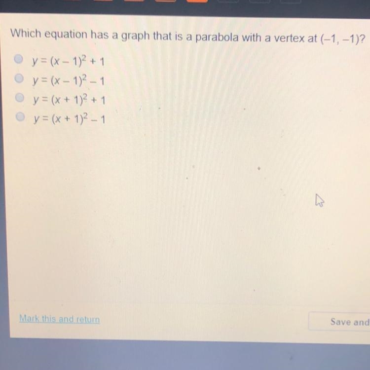 Which equation has a graph with a vertex at (-1,-1)?-example-1