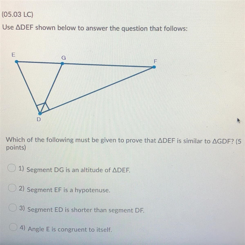 95 POINTS Use Triangle DEF shown below to answer the question that follows: Which-example-1