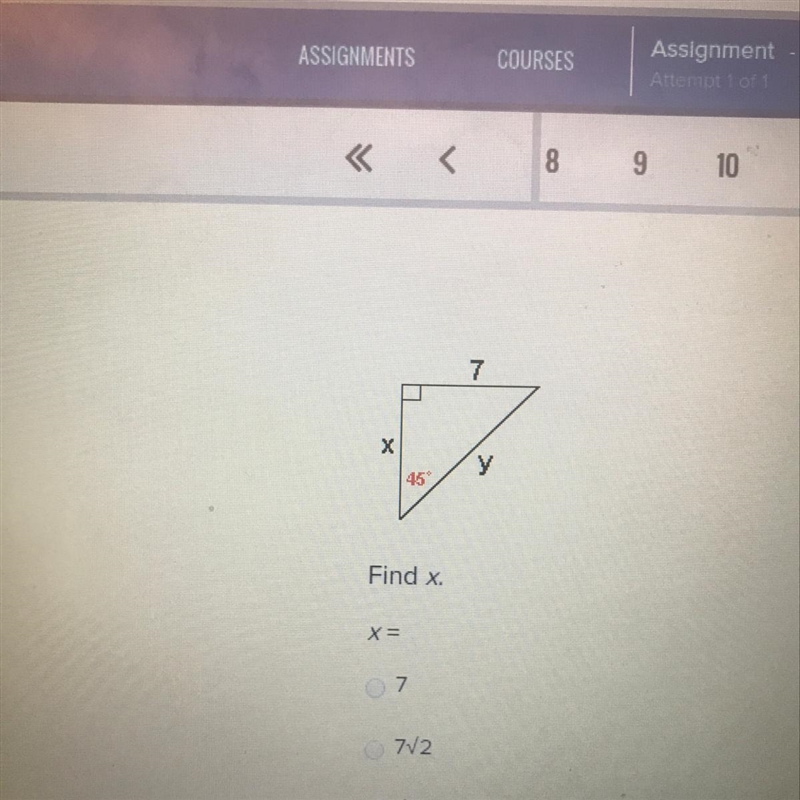 Find x. x= 0 0 7V2 v (14)-example-1