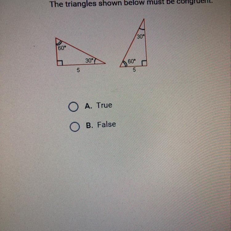 The triangles shown below must be congruent. True or false ?-example-1