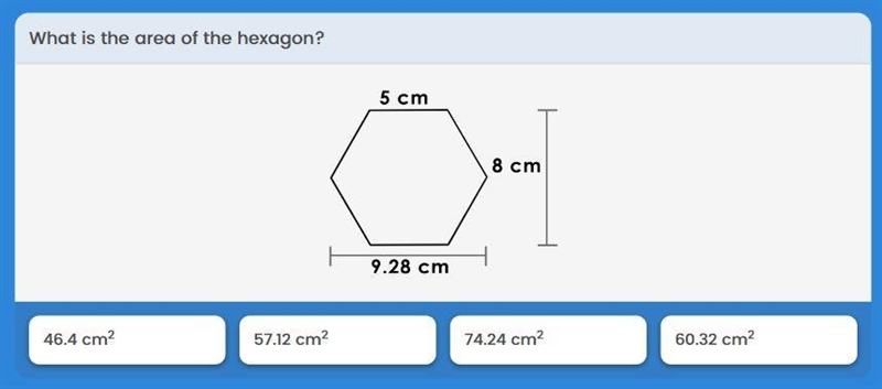 What is the area of the hexagon? (See image attached below)-example-1