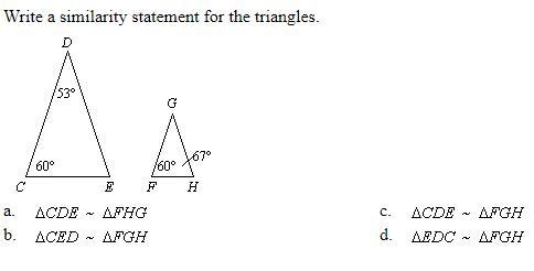 Write a similarity statement for the triangles.-example-1