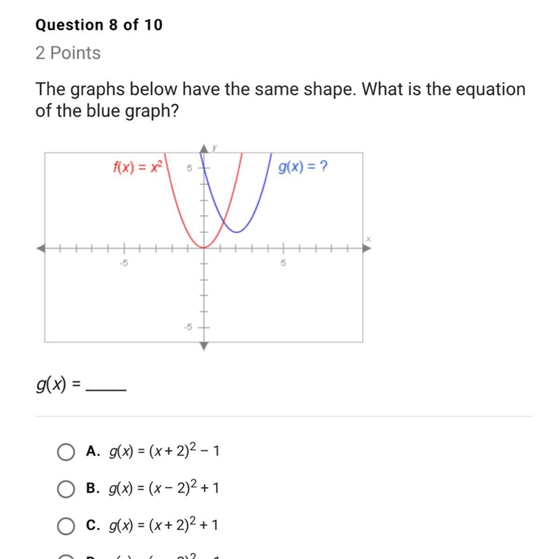 The graphs below have the same shape. What is the equation of the blue graph?-example-1