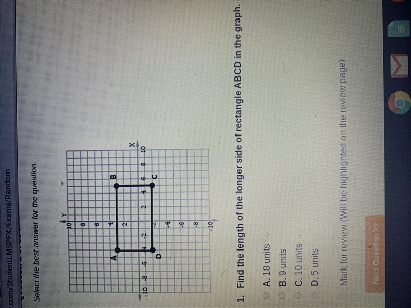 Find the length of the longer side of race angle ABCD in the graph. A. 18 units B-example-1