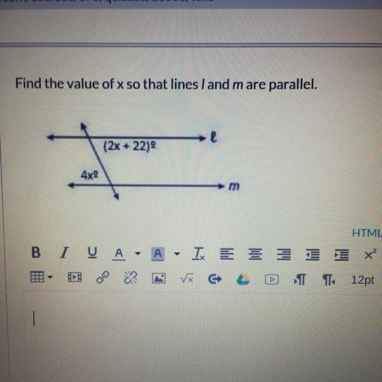 Find the value of x so that lines l and m are parallel? Can somebody please answer-example-1