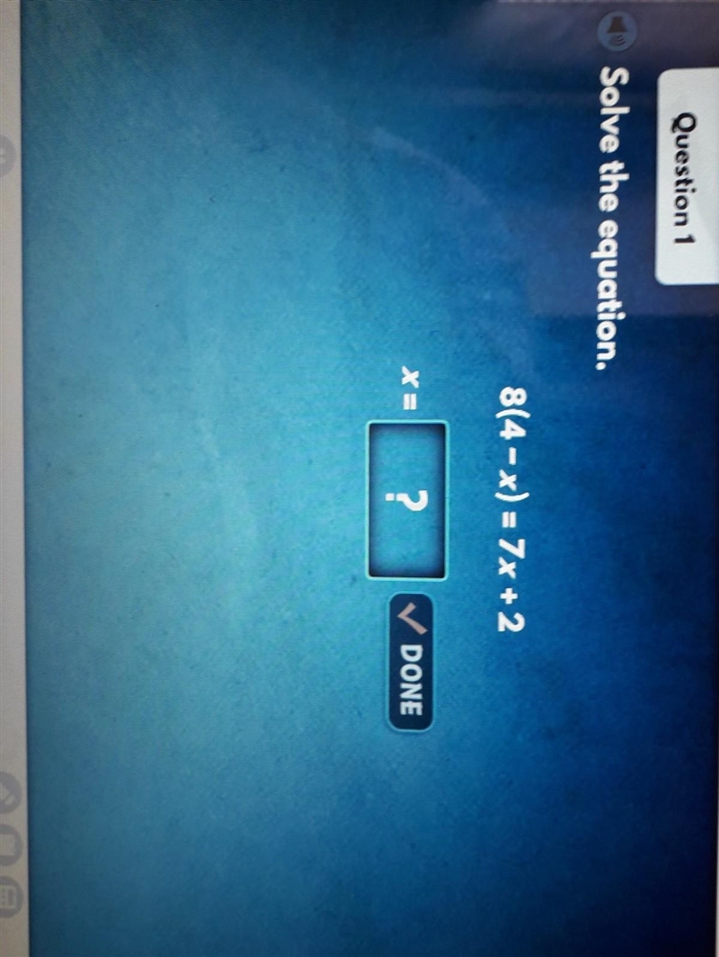 Solve the equation. 8 (4 - x) = 7x + 2​-example-1