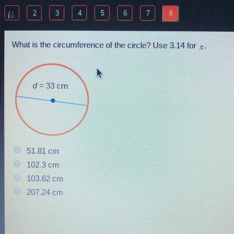 What is the circumference of the circle of you use 3.14 for pi ????-example-1