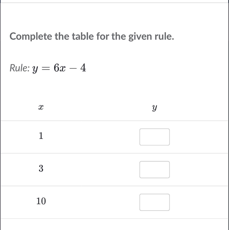 Complete the table for the given rule y=6x-4-example-1