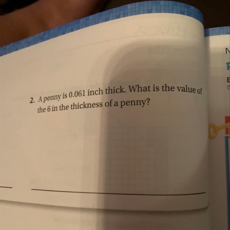 A penny is 0.061 inch thick. What is the value of the six in the thickness of a penny-example-1