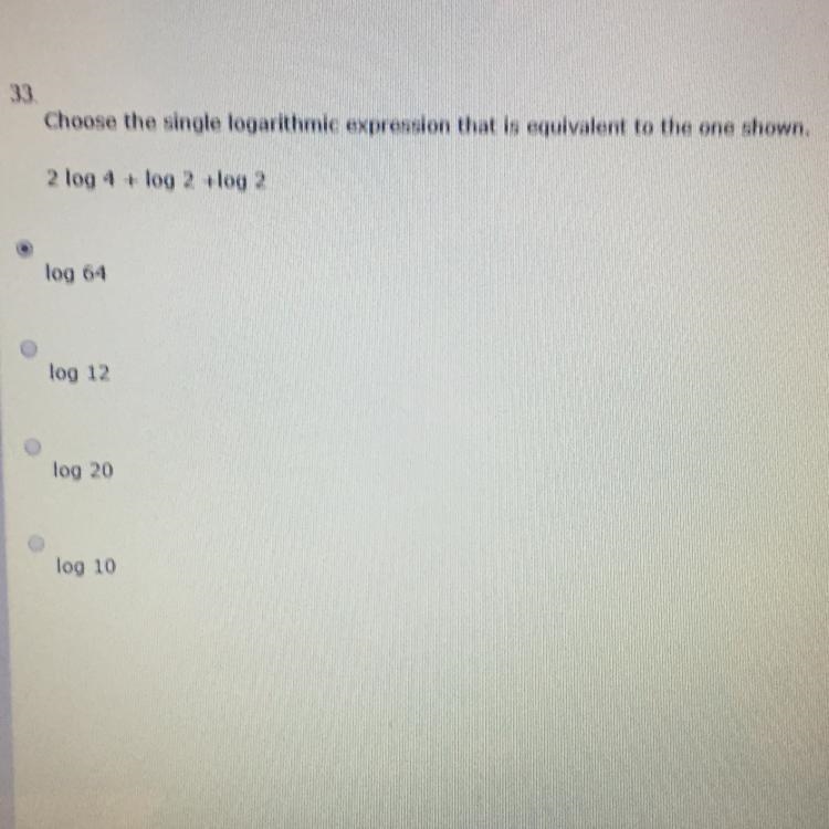 Choose the single logarithm expression that is equivalent to the one shown!!! Help-example-1