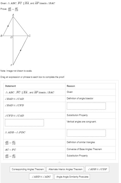 Given: ​​△ABC, F C¯¯¯¯¯ ∥B A¯¯¯¯¯, and A F¯¯¯¯¯ bisects ∠BAC Prove: AB/BD=AC/CD-example-1