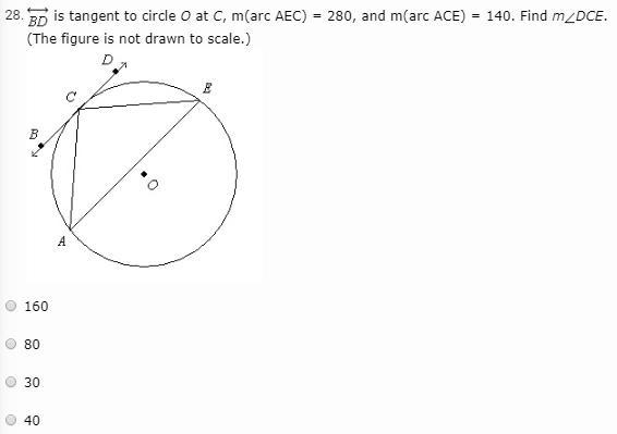 BD is tangent to circle O at C, m(arc AEC) = 280, and m(arc ACE) = 140. Find m (The-example-1