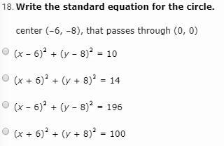 Write the standard equation for the circle. center (–6, –8), that passes through (0, 0)-example-1