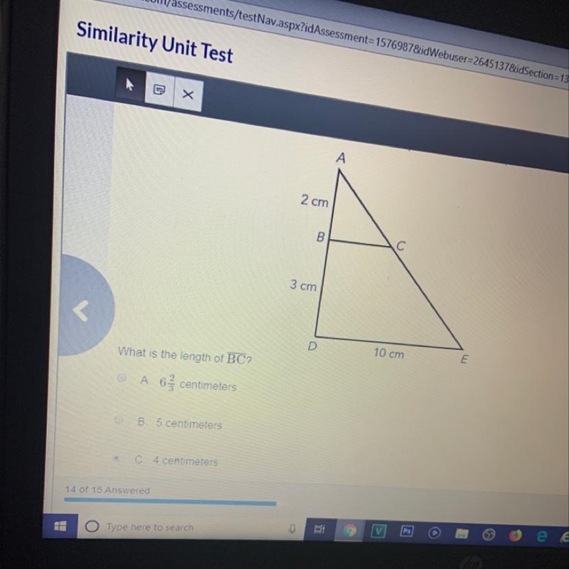 What is the length of BC? A. 6 2/3 cm B. 5cm C. 4cm D. 6cm-example-1