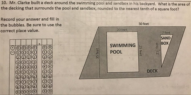 Mr. Clarke built a deck around the swimming pool and sandbox in his backyard. What-example-1