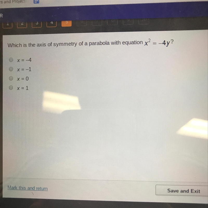 Which is the axis of symmetry of a parabola with equation x^2=-4y?-example-1