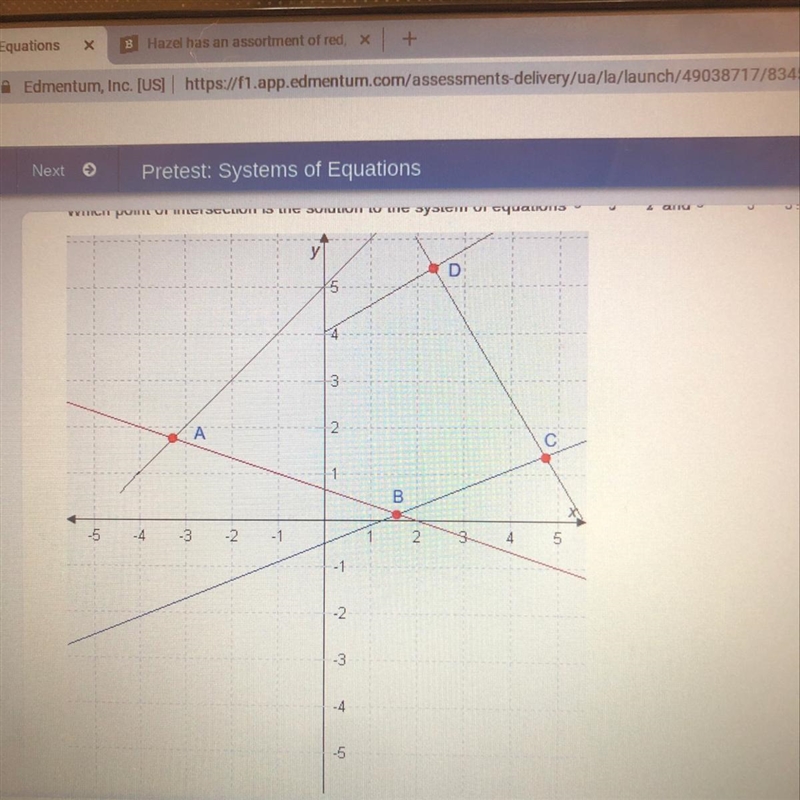 Which point of intersection is the solution to the system that of equations y= 2/5x-example-1