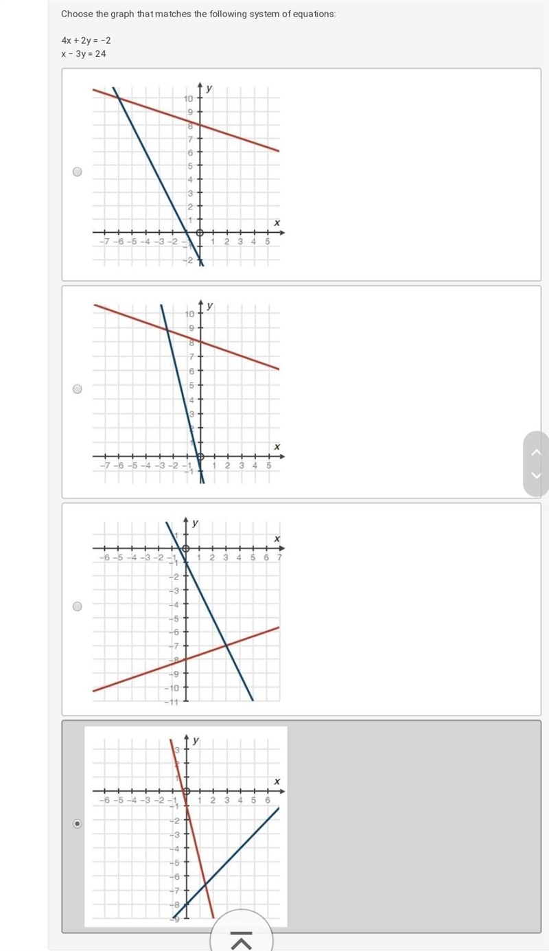 HELP!!!!!!! Choose the graph that matches the following system of equations: 4x + 2y-example-1