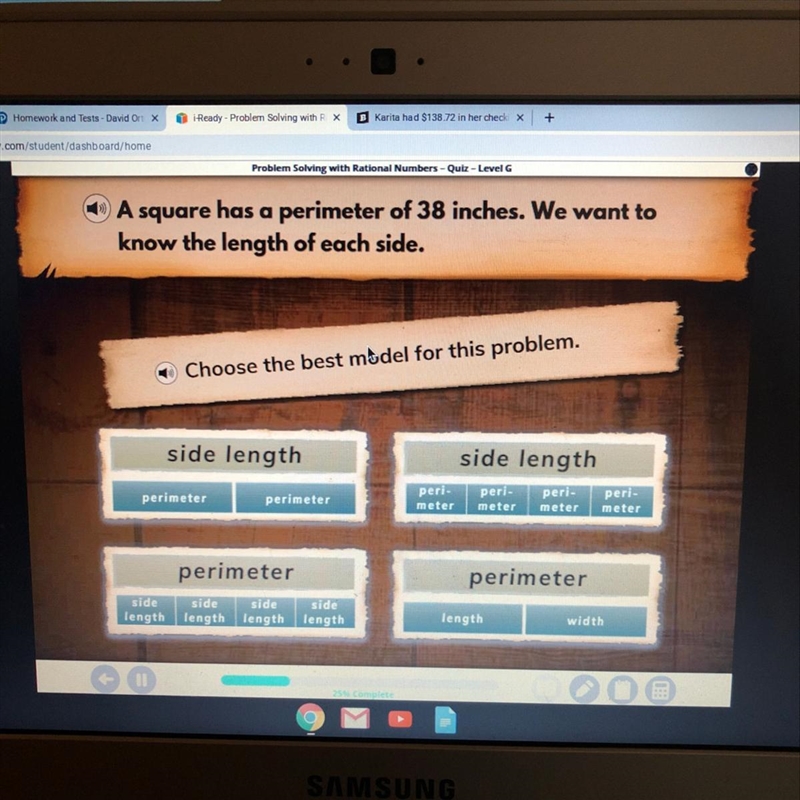 A Square has a perimeter of 38 inches. We want to know the length of each side. Pls-example-1