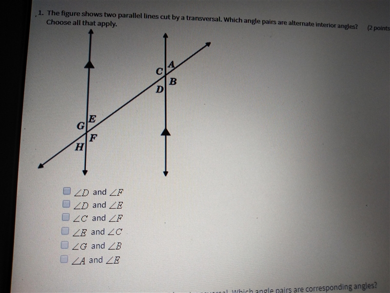 The figure shows two parallel lines cut by a transversal.-example-1