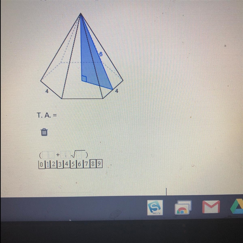 A pyramid has a regular hexagonal base with side lengths of 4 and a slant height of-example-1