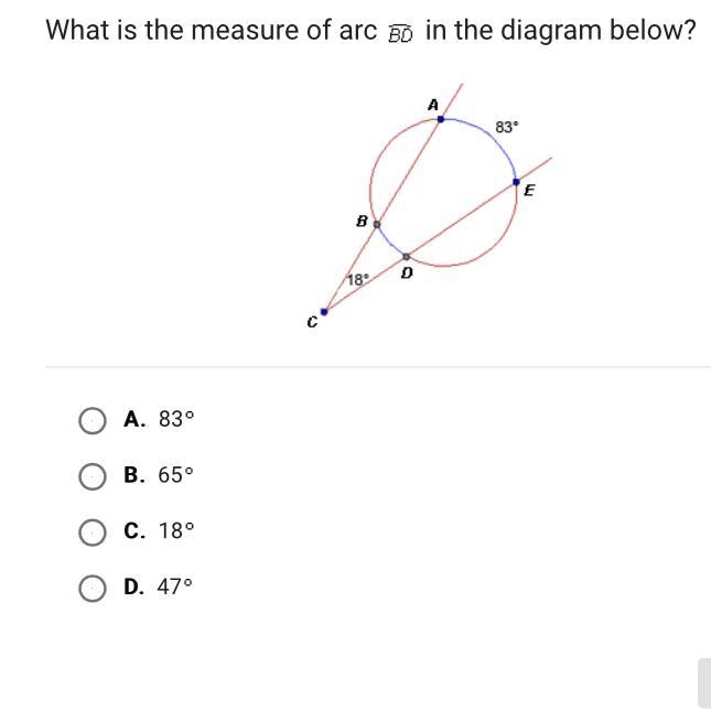 What is the measure of arc BD on the diagram below?-example-1