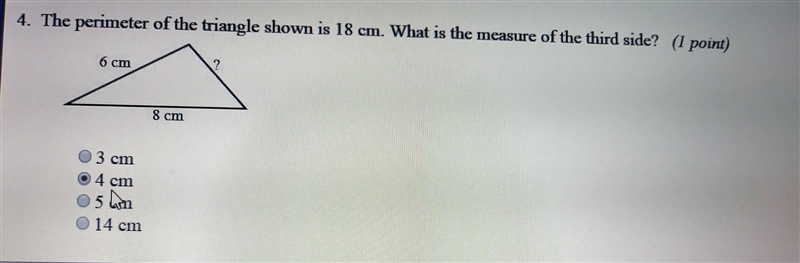 the perimeter of the triangle shown is 18cm. what is the measure of the third side-example-1