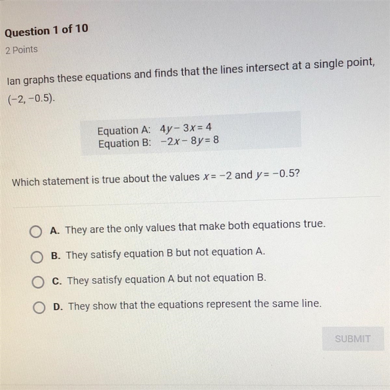 Ian graphs these equations and find that the lines intersect at a single point, (-2,-0.5).-example-1