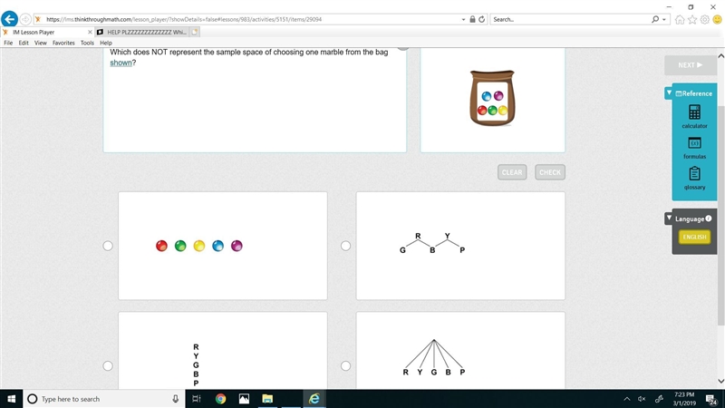 HELP PLZZZZZZZZZZZZZ Which does NOT represent the sample space of choosing one marble-example-1