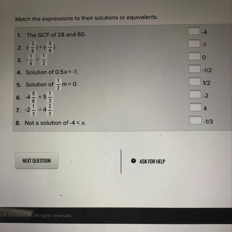 Match the expressions to their solutions or equivalents.-example-1