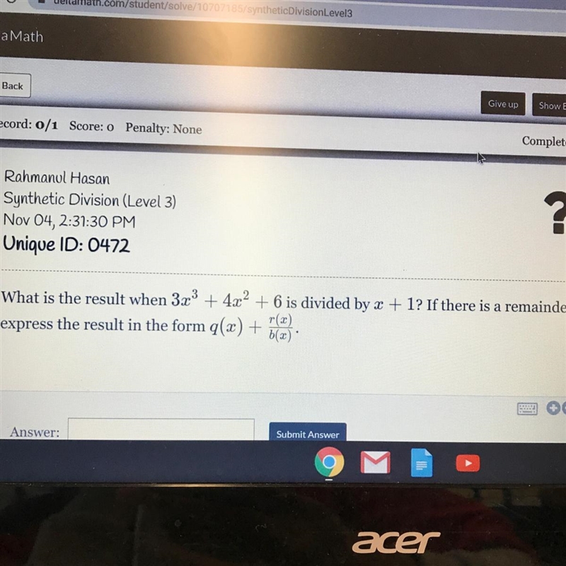 What is the result when 3x3 + 4x2 + 6 is divided by x + 1? If there is a remainder-example-1