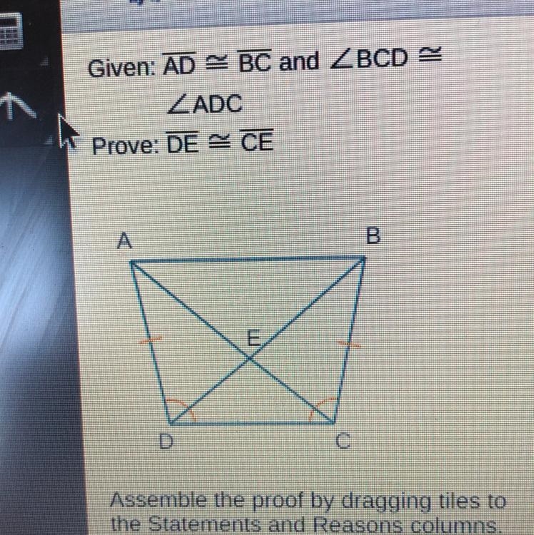 Given: AD = BC and Prove: DE congruent to CE-example-1