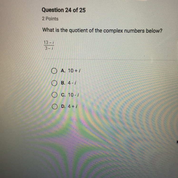 What is the quotient of complex numbers below? I NEED HELP HELP PLEASE PLEASE HELP-example-1