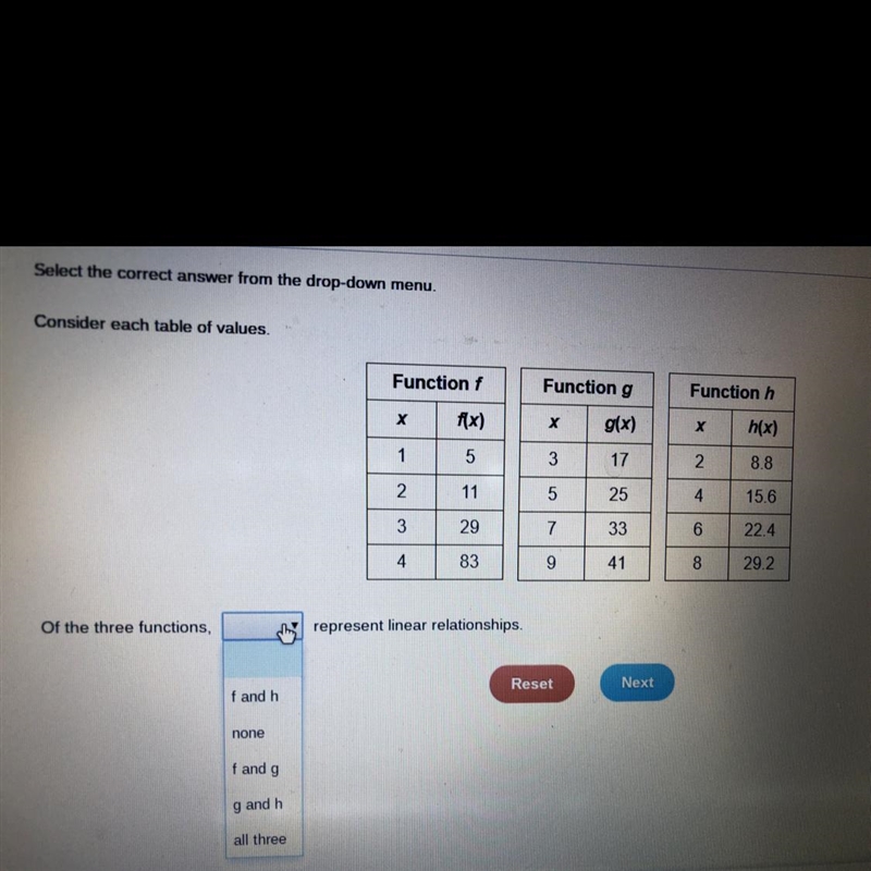 Consider each table of values of the three functions, f & h none f & g g &amp-example-1