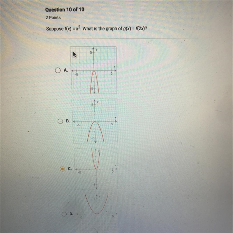 Suppose f(x) = x^2. what is the graph of g(x) = f(2x)?-example-1