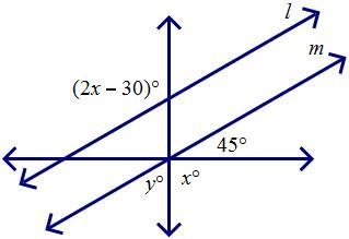 If l║m, find the value of x and the value of y. A.x=75, y=60 B.x=82, y=53 C.x=90, y-example-1