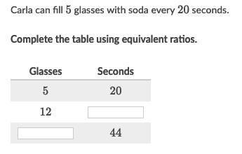 Carla can fill 555 glasses with soda every 202020 seconds. Complete the table using-example-1